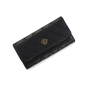 Elegant black long wallet for women with quilted pattern and gold crown buckle closure
