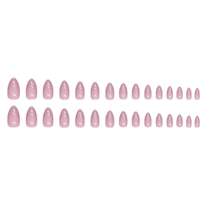 Glossy pale pink almond press-on nails set with thirty pieces in various sizes