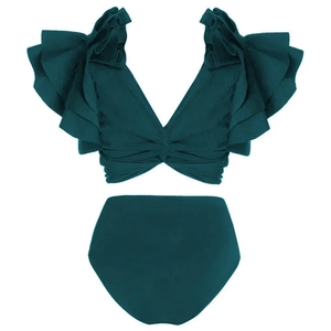 Detail of high-waisted dark green bikini featuring layered ruffle sleeves and a V-neckline