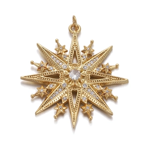 Detailed macro view of an 8-pointed star gold pendant featuring zircon stones and dot textures