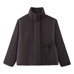 Women's dark brown puffer jacket with stand collar and stylish waist tie detail