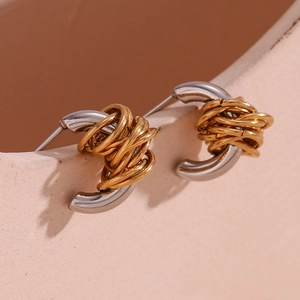 Minimalist Stainless Steel Winding C-Shape Hoop Earrings Two-Tone Gold Silver Plated Geometric Trendy Jewelry For Women