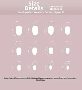 Size chart showing 12 dimensions for short round press-on nails with 24 pieces set