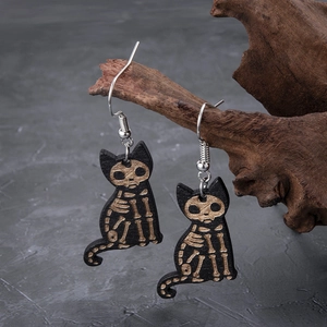 Halloween Black Cat Skeleton Dangle Earrings Wood Gothic Dark Style Novelty Jewelry For Women