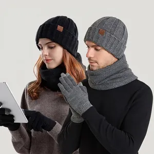 Winter Knit Hat Neck Warmer And Touchscreen Gloves Fleece Lined Thermal Windproof Outdoor Ribbed Acrylic For Men Women