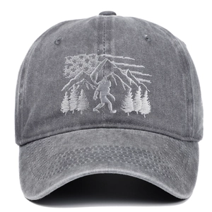 Dark grey baseball cap with Sasquatch forest embroidery and vintage washed cotton finish