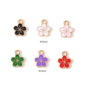 Set of six colorful 9x12mm alloy flower pendants with enamel finish for DIY jewelry