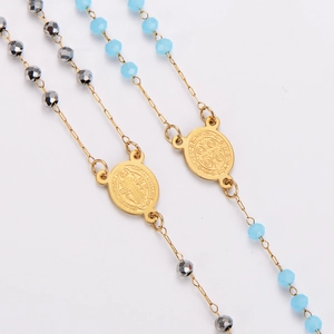 Saint Benedict Medal Rosary Necklace 304 Stainless Steel Crystal Glass Beads Crucifix Cross Religious Jewelry For Women