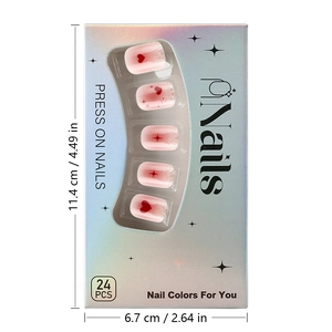 Pink glitter heart press on nails set 24pcs with packaging box size measurements
