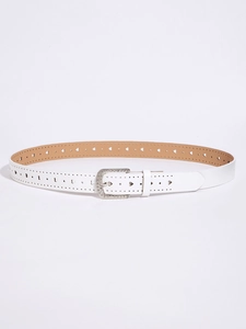 Detailed view of white leather belt with heart cutouts and sparkling rhinestone buckle
