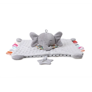 Gray plush elephant baby comforter towel with colorful tags and a star-shaped teether