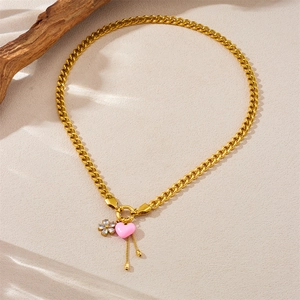 Collier en acier inoxydable plaqué or 18K avec pendentif cœur rose et fleur en cristal