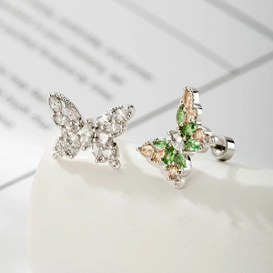 French vintage butterfly earrings with micro-set zircon and titanium steel screw back