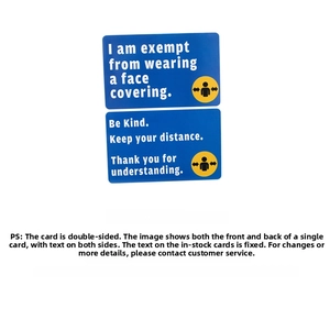 Detailed view of the double-sided blue face mask exemption card with clear printed text