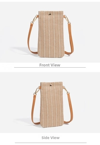 Detail of woven straw texture with gold magnetic clasp and brown leather strap on bag