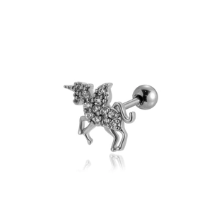 Macro shot of silver unicorn stud earring with small crystals and screw back design
