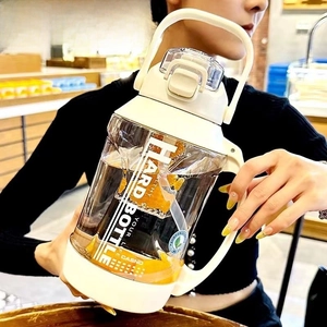 Close-up of portable sports water bottle with wide handle and secure flip-top lid