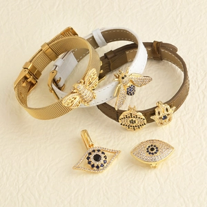 Evil Eye and Hamsa leather bracelet set with bee charms and blue crystal accents