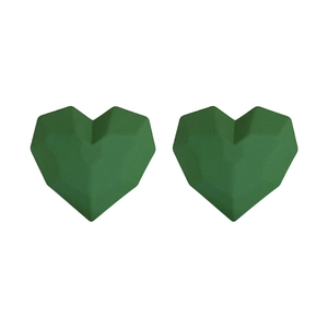 Minimalist green heart stud earrings with geometric faceted design and matte finish