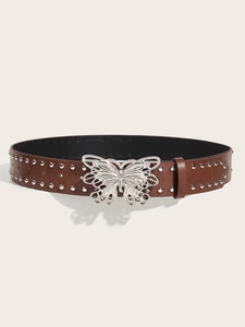 Brown leather belt featuring silver rivets and a large hollow butterfly buckle design