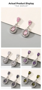 Detailed view of pear-cut zircon earrings in pink, purple, green, and clear finishes