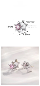 Detailed view of silver star hoop earrings featuring pink zircon stones and measurements