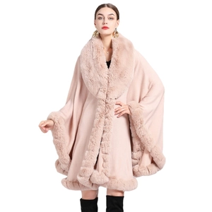 Elegant pink faux rabbit fur collar cape poncho oversized knitted cardigan for women