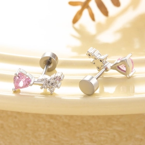 Silver stainless steel heart stud earrings with pink zircon stone and flower accents