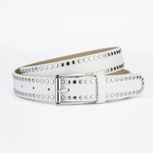 White punk PU leather belt with double-row silver rivets and metal pin buckle