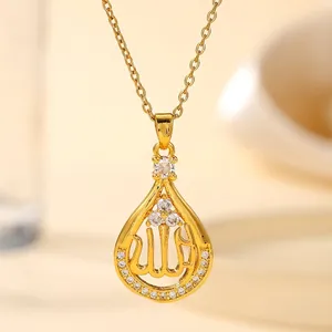 Water drop gold pendant necklace with cubic zirconia stones and Arabic Allah design
