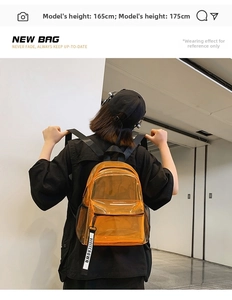 Detailed back view of a model wearing a bright orange transparent jelly PVC backpack