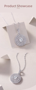 Detail view of a sparkling round D color moissanite pendant necklace in S925 silver finish