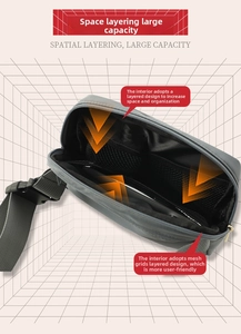 Detail view of large nylon belt bag interior featuring black mesh pockets and gray strap