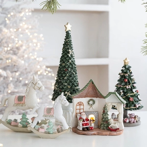 Resin Santa rocking horse and lighted house Christmas desktop ornaments set