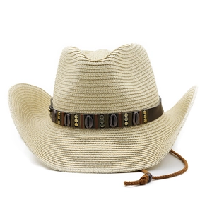 Detail of beige straw cowboy hat with shell leather band and adjustable chin strap