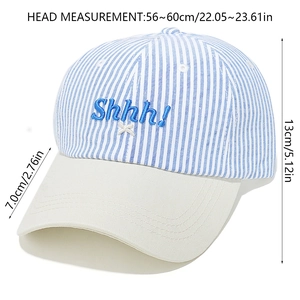 Detailed size guide for the striped baseball cap showing brim and crown measurements