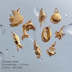 14K gold plated stainless steel marine charms including fish and seahorse designs
