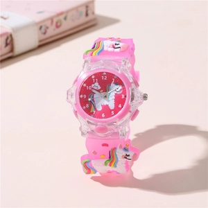 Detail of pink silicone watch band with colorful rainbow unicorn patterns for children
