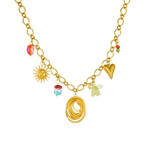 Golden sun and heart pendant necklace with colorful beads and floral charms
