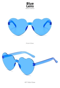 Detailed front and side views of rimless heart-shaped party sunglasses in transparent blue