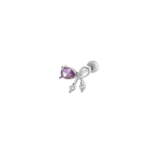 Polished silver titanium steel bow stud earring with a purple drop-shaped zircon stone