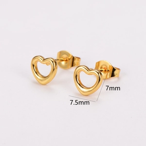 Polished gold-plated heart stud earrings in 304 stainless steel measuring 7.5mm by 7mm