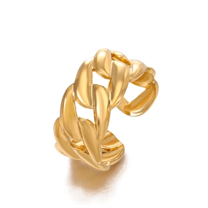 Polished gold cuban chain link open ring with adjustable minimalist stainless steel band