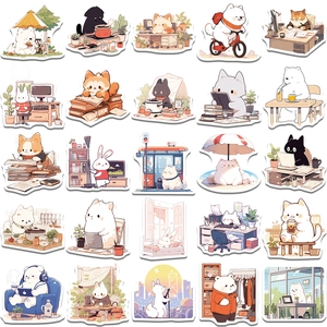 Collection of 50 cute cartoon animal stickers featuring cats and dogs in daily life scenes