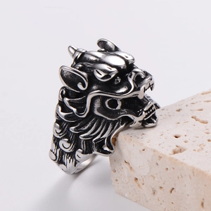 Macro detail of a 304 stainless steel punk dragon ring with vintage silver finish