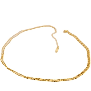 Asymmetrical gold layered necklace featuring bold curb chain and fine link chain