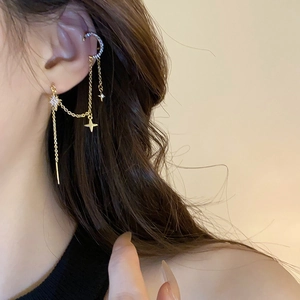Gold pleated butterfly tassel ear cuff earrings with star pendant and sparkling rhinestones