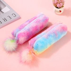 Rainbow plush pencil case set with soft faux fur and fluffy pompom zipper charm
