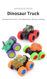 Detail of colorful dinosaur inertia toy cars with all-wheel drive and collision-back feature