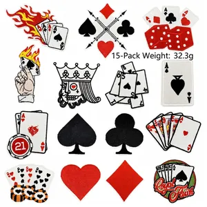 Macro detail of 15-piece poker and gambling themed embroidered patches with weight info